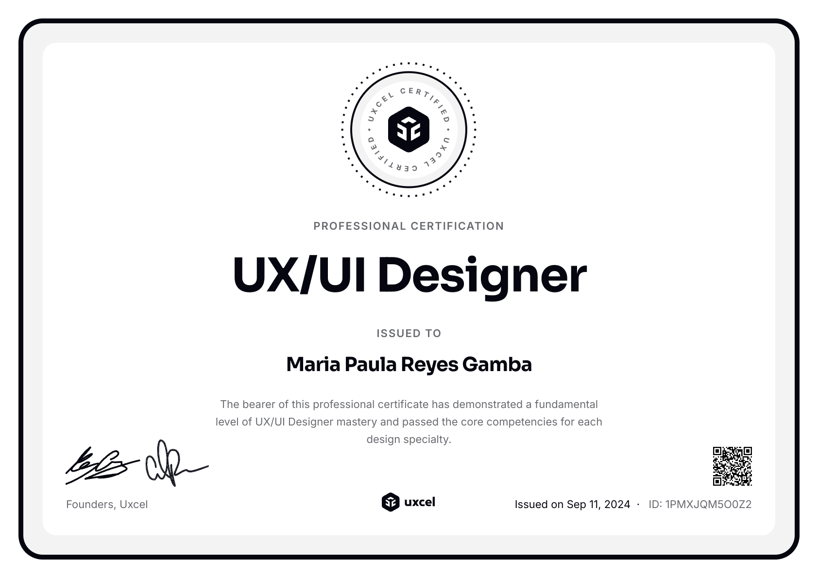 Maria Paula Reyes Gamba's certificate